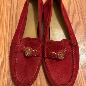 Coach, red suede loafer slip on shoes, gold hardware size 8